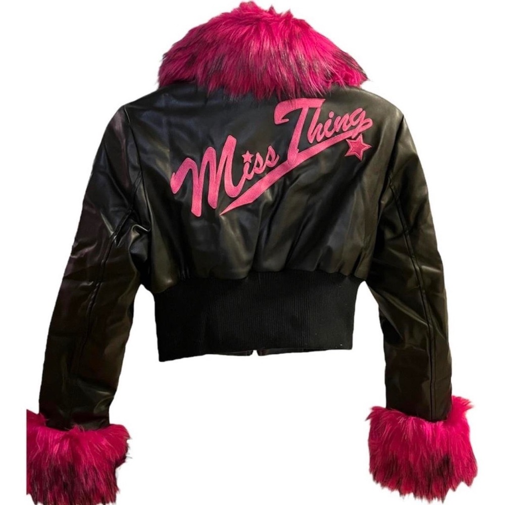 CURRENT MOOD PINK & BLACK FAUX FUR COLLAR CROPPED JACKE…